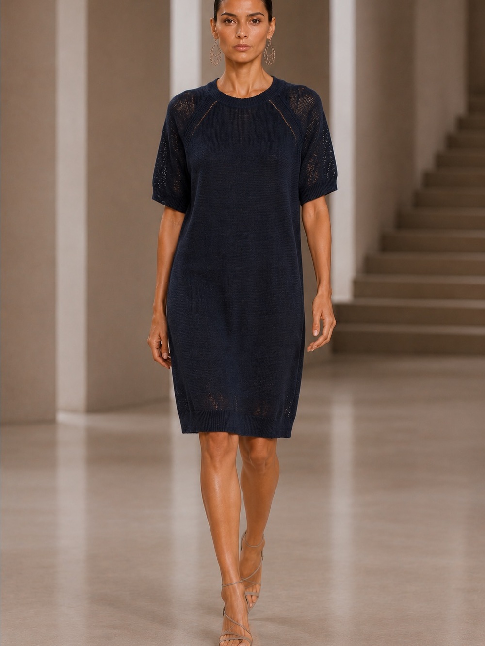 Brunello Cucinelli dark navy Cotton Knit Knee Lenght Monili Dress Sz M NWT
